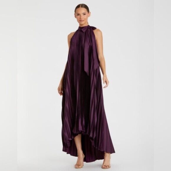 Mac Duggal Size 18 Dark Purple Flowy Pleated Halter Neck Long Maxi Gown Dress - Picture 5 of 5